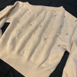 Chic Off-the-Shoulder Crop Cream Sweater with Pearl Details